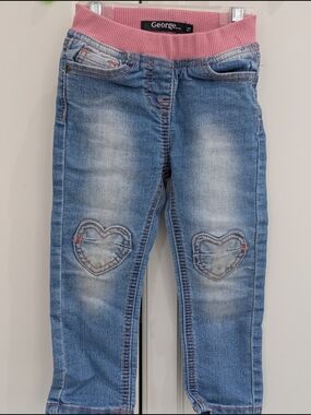 4/$20 George Girls Jeans 2T Blue Denim Pink Waist Heart Knee Patch Pull On
